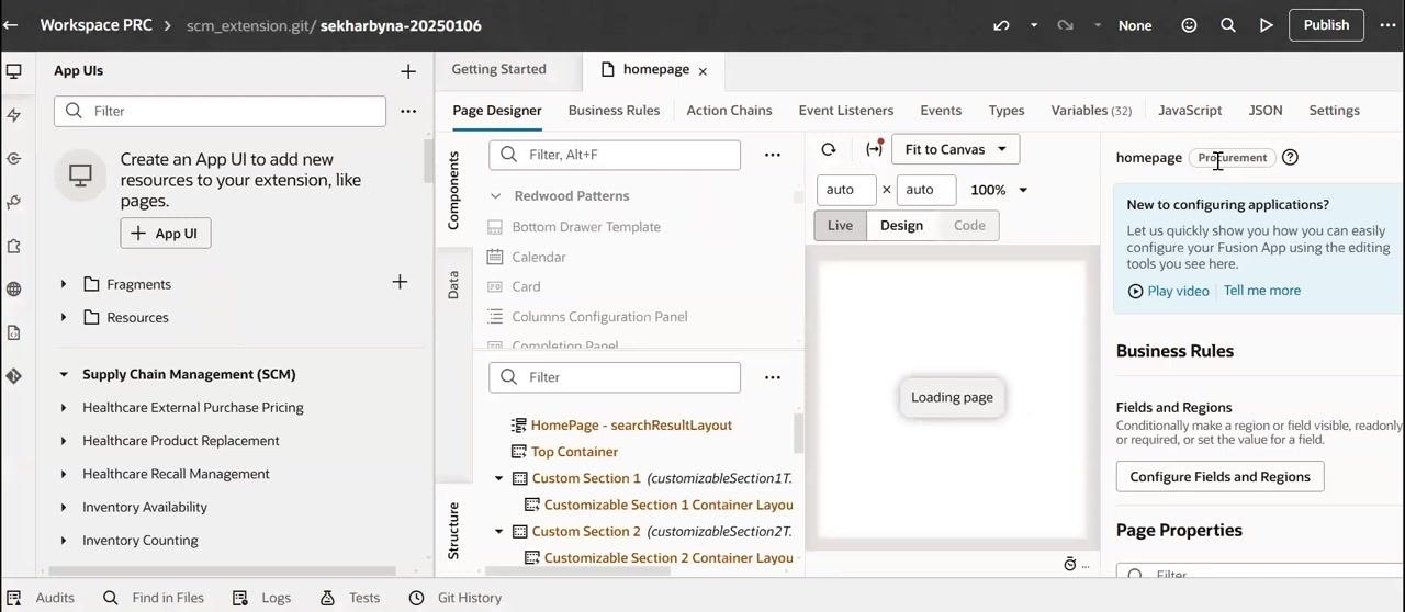 Oracle Visual Builder Studio splash screen with progress bar and catalog cache reset message