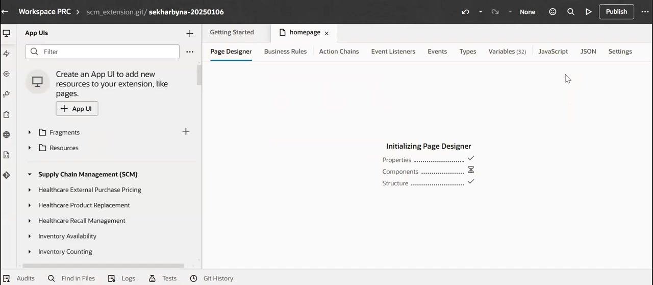Visual Builder Studio showing 'Preparing workspace: Workspace PRC' with a progress bar
