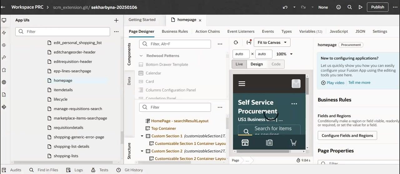 Visual Builder Studio Page Designer with homepage loaded and Self Service Procurement preview visible