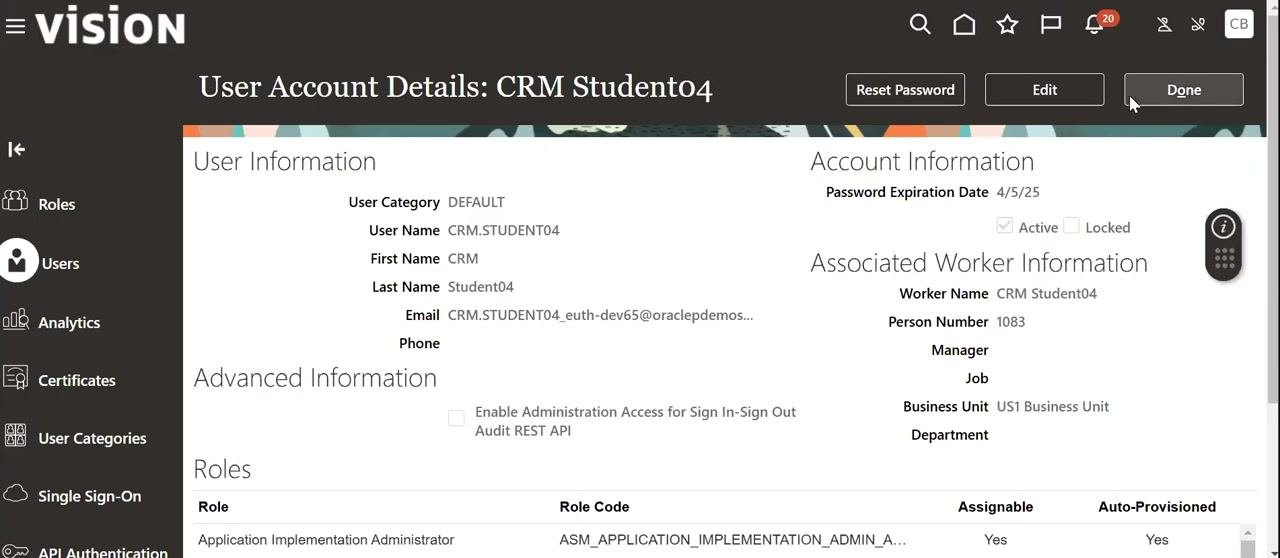 User Account Details screen for CRM Student04 after the password reset, with the Done button highlighted