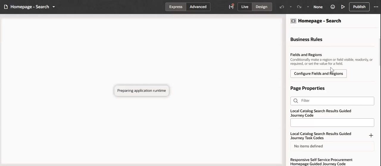Oracle Visual Builder Studio splash screen showing the Beginning Catalog Cache Reset message