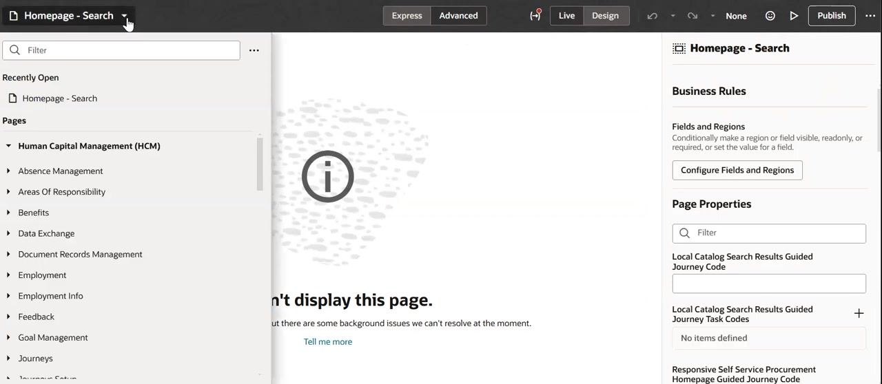 Navigation menu open with HCM modules listed and an error message still visible