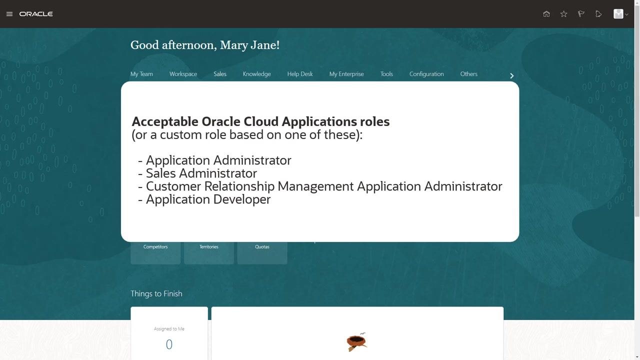 List of acceptable Oracle Cloud Applications roles displayed on the Oracle Cloud Applications dashboard
