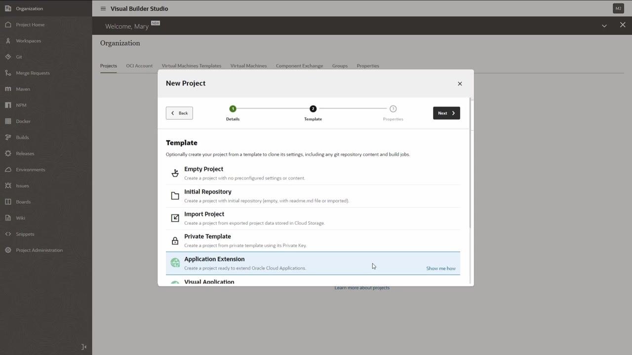 VB Studio "New Project" properties screen showing Extension Name, Workspace Name, Development Instance, Base Application, Git Repository Name, and Working Branch Name fields