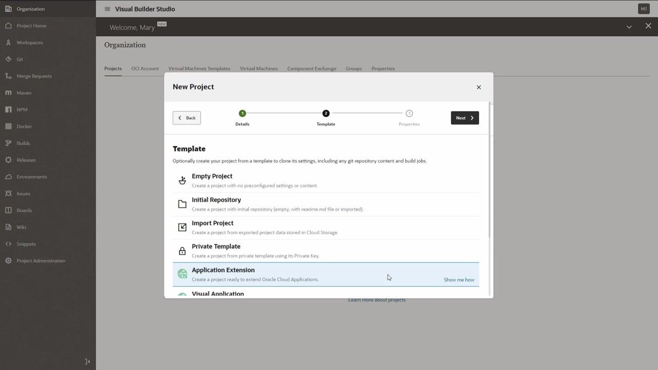 Dropdown menu for selecting the base Oracle Cloud Application in the VB Studio project properties