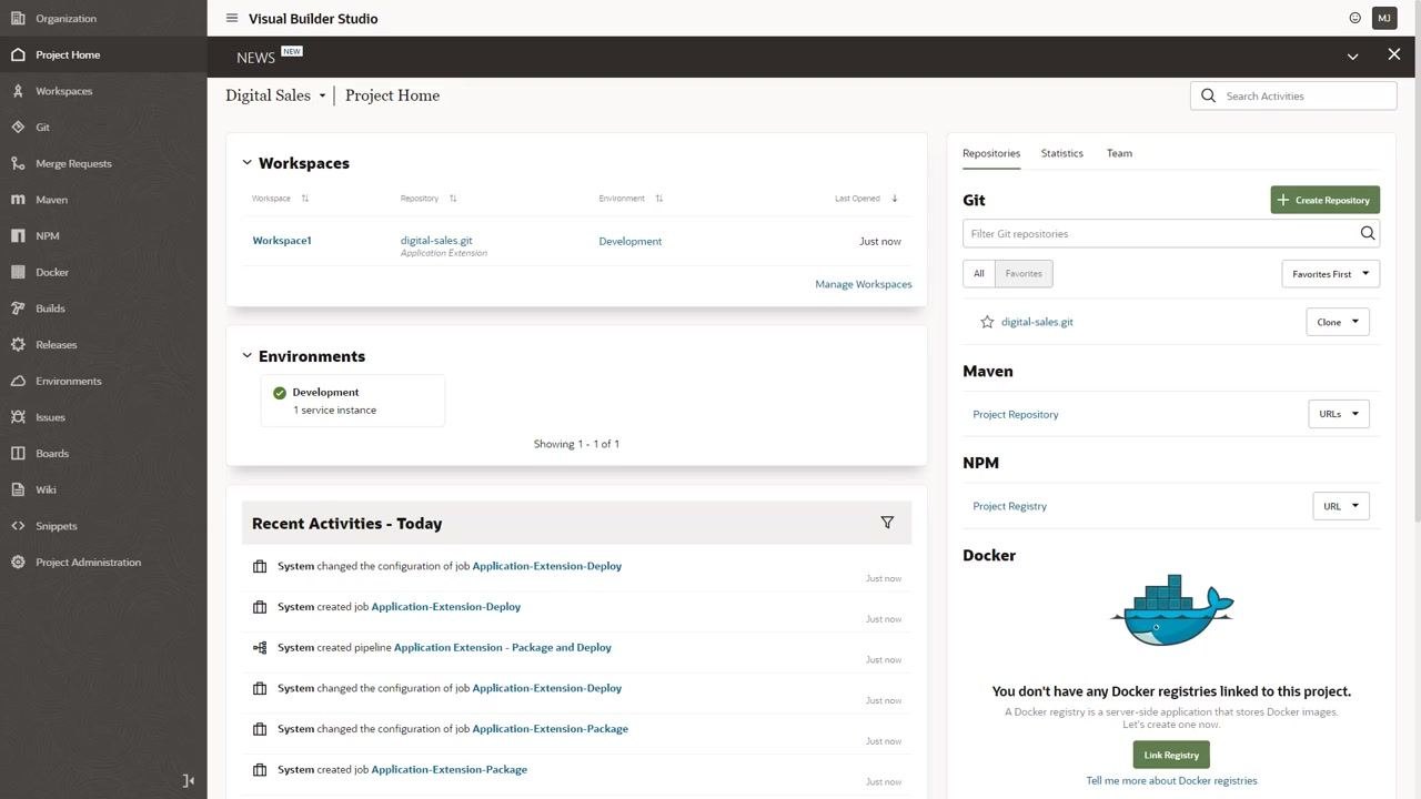 VB Studio Project Home showing Workspaces, Environments, Recent Activities, and Git repository panel