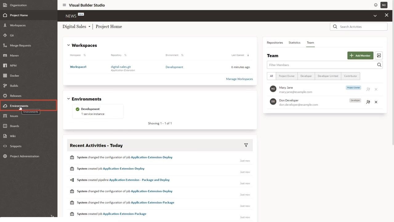 Project Home screen showing the Environments section with the Development environment tile highlighted, cursor pointing to "Environments" in the sidebar. Workspace, Team, and Recent Activities panels are also visible.