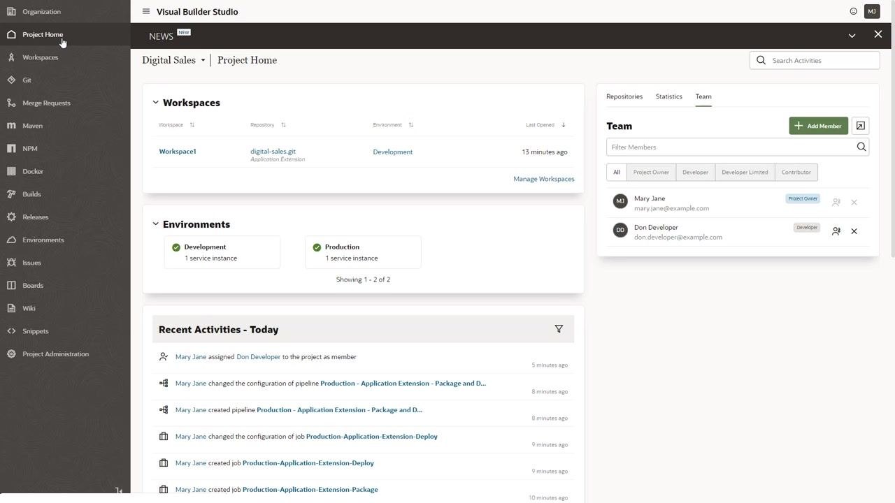 Project Home screen showing both Development and Production environments, each with 1 service instance. Workspace, Team, and Recent Activities panels are visible.