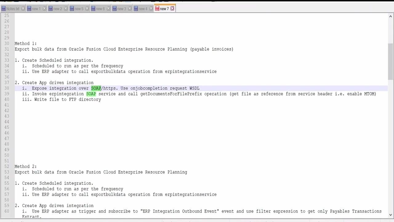 Text editor window showing the steps for creating an app-driven integration, including exposing the integration over SOAP/HTTPS, using the onjobcompletion request WSDL, invoking the erpintegration SOAP service, calling getDocumentsForFilePrefix, and writing the file to an FTP directory.