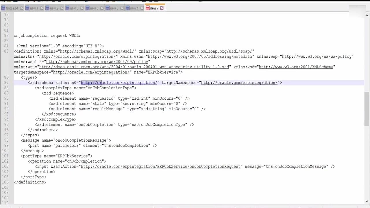 WSDL file structure for the onJobCompletion SOAP operation, showing the XML schema and operation details.