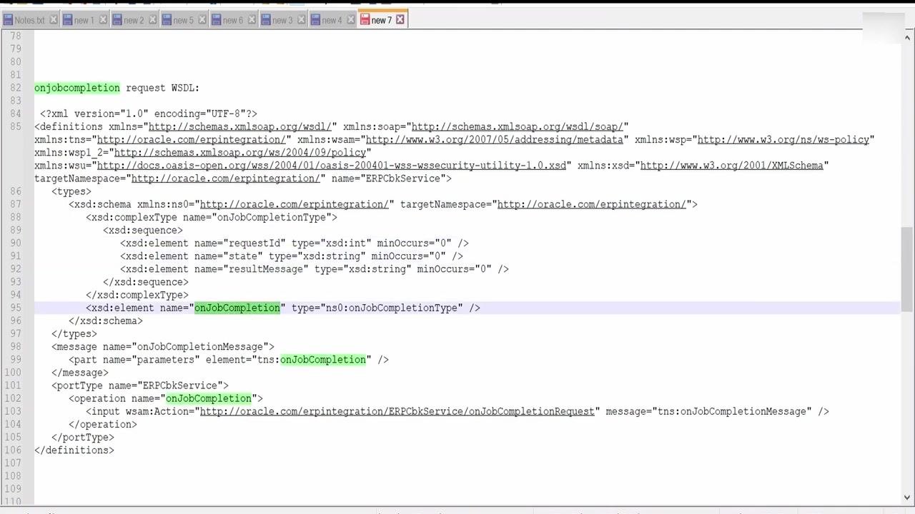 WSDL file with the onJobCompletion elements highlighted.