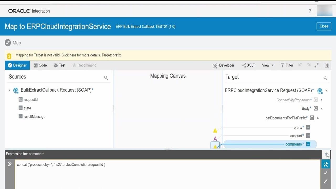 Mapping designer showing the expression for the comments field: concat("processedby=", /ns27:onJobCompletion/requestId).