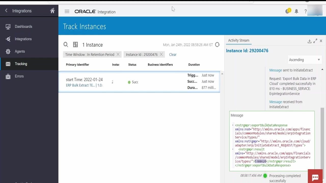 Oracle Integration orchestration flow showing all steps from the callback through to the file write.
