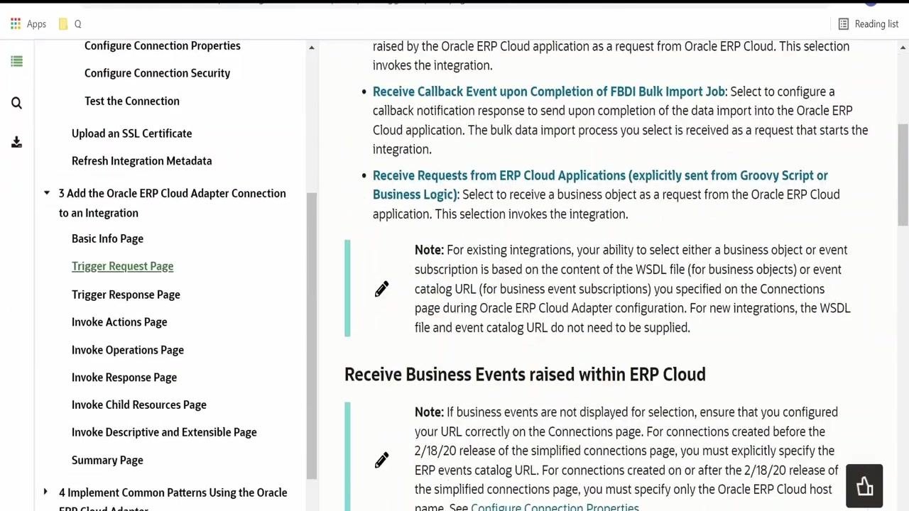 Oracle documentation page showing the Trigger Request Page, with options for receiving business events, callback events, and requests from ERP Cloud applications.