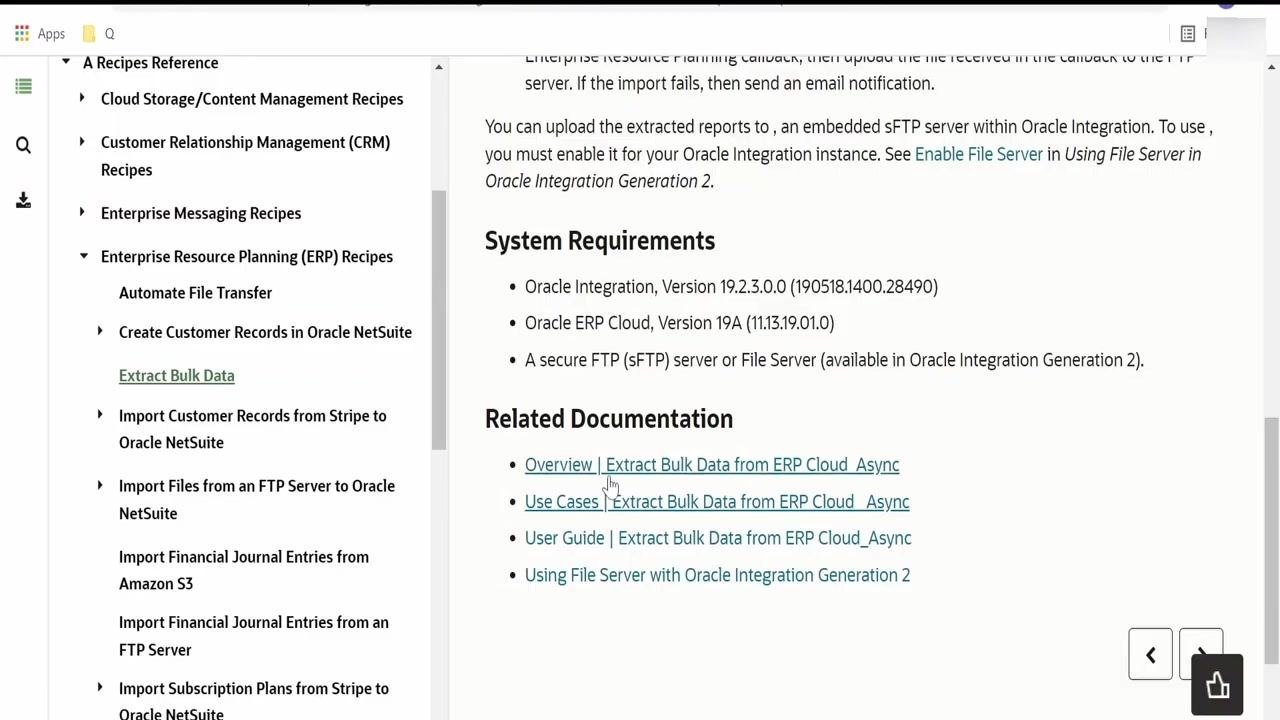 Screen showing the exportBulkData operation documentation, listing required request payload fields: jobName, parameterList, jobOptions, callbackURL, and notificationCode.