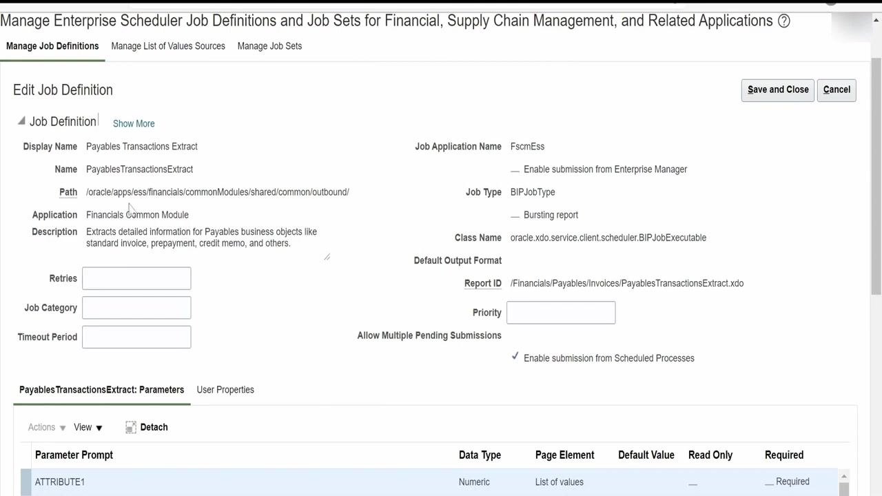 ESS Job Definition screen showing parameter prompts, such as ATTRIBUTE1 and ATTRIBUTE2, with their data types.