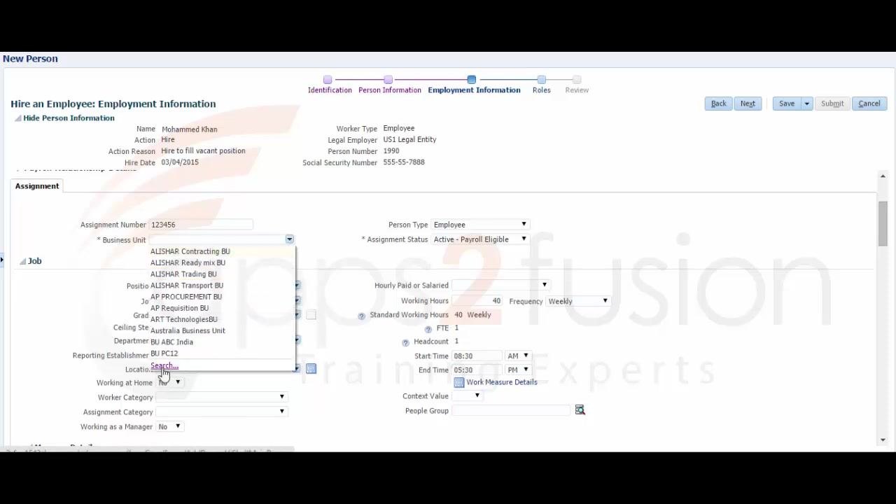 Business Unit dropdown expanded with multiple options