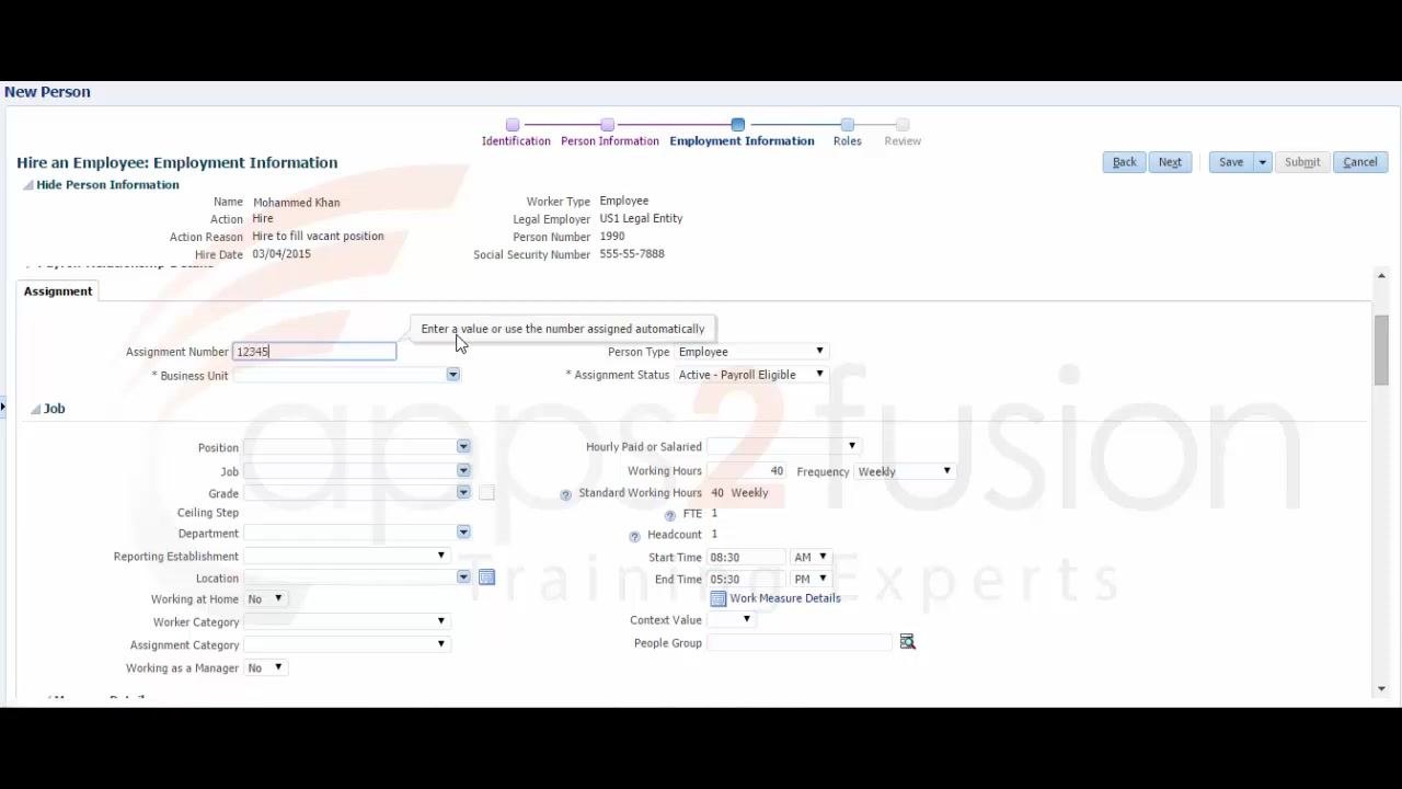 Employment Information screen with Assignment Number 12345 entered
