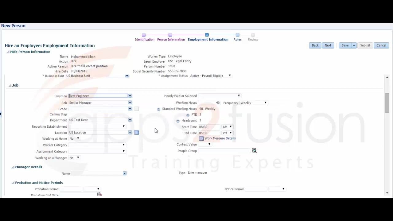 Job section filled in: Position Test Engineer, Job Senior Manager, Department US Test Dept, Location US Location, FTE 1, Headcount 1, Start 08:30 AM, End 05:30 PM