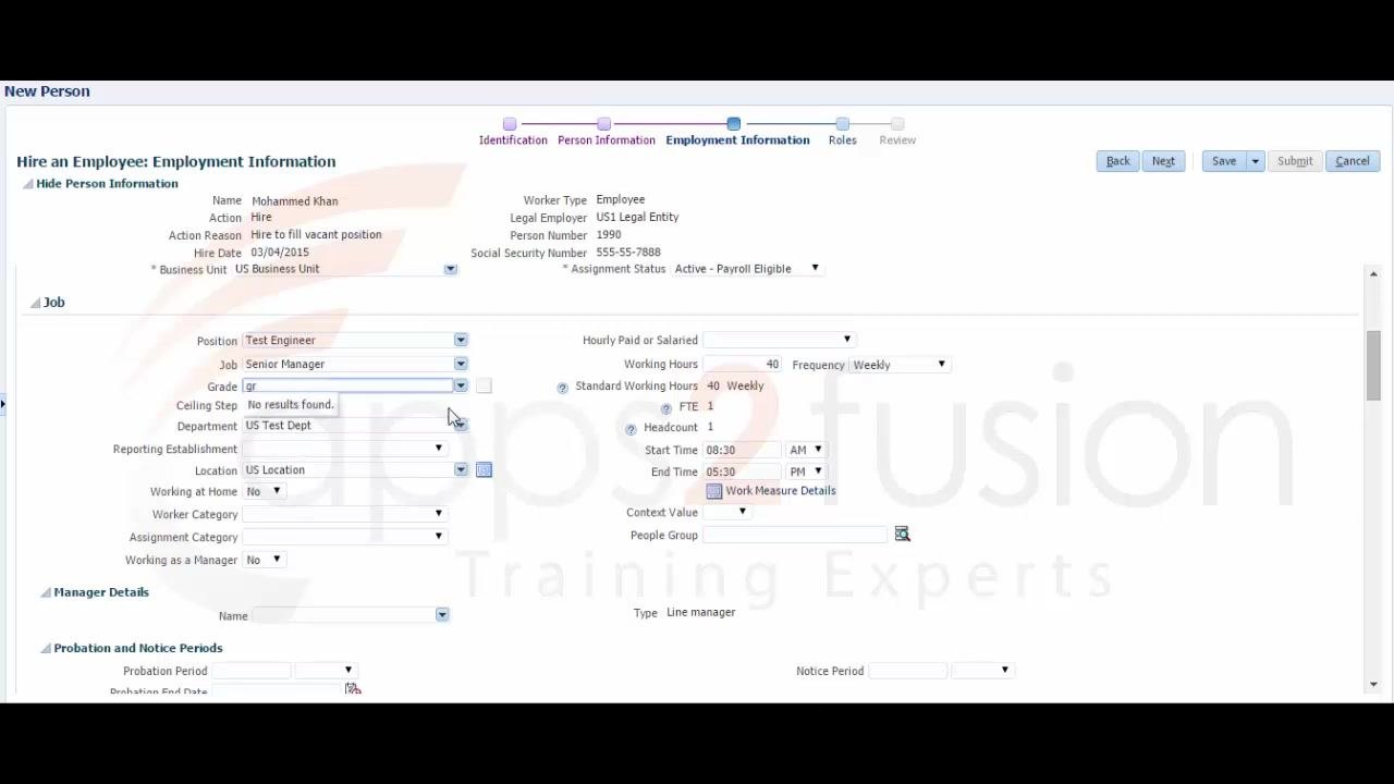 Grade entered as Mgmt08, Reporting Establishment set to US1 Legal Entity (USSYS11000)