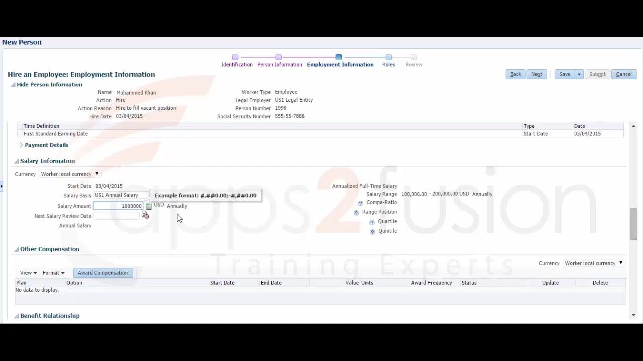 Salary Information section with the Salary Basis dropdown open, US1 Annual Salary selected