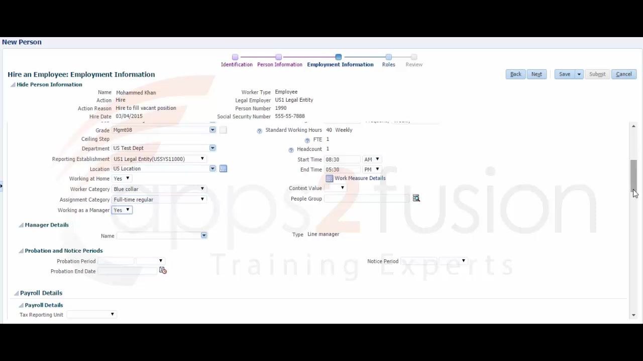 Assignment Category dropdown open, Full-time regular selected, Working as a Manager set to Yes
