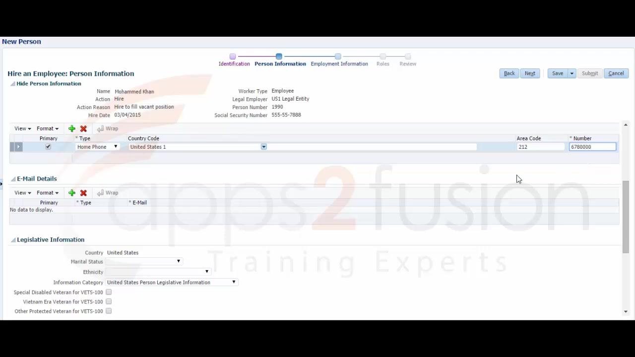 Phone Details section with Home Phone and United States 1 selected, Area Code and Number left empty