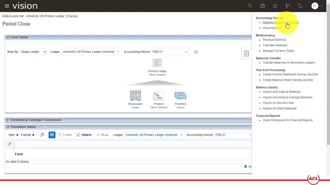Period Close dashboard displaying subledger statuses for the selected accounting period