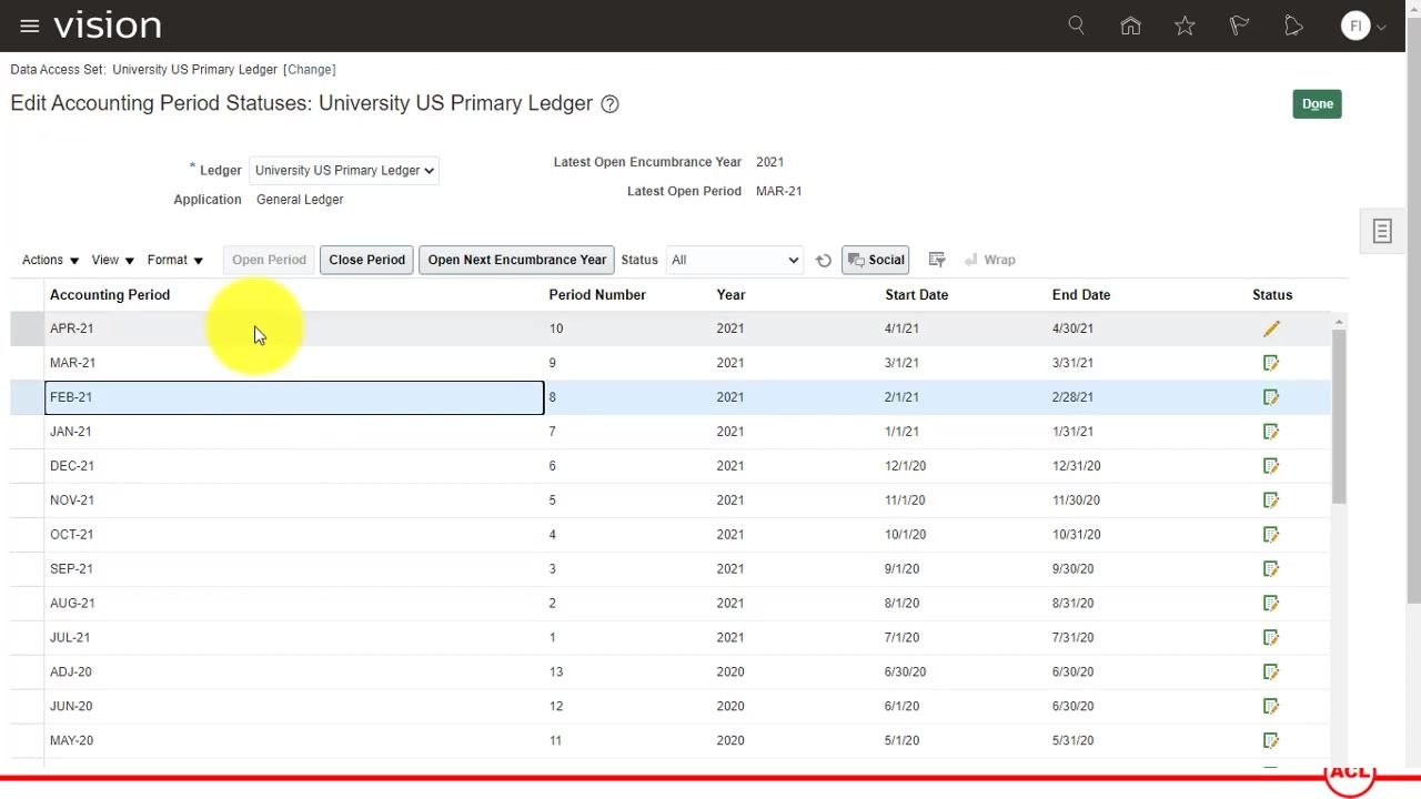 Edit Accounting Period Statuses screen listing periods with their numbers, years, start and end dates, and statuses, with MAR-21 and FEB-21 marked open