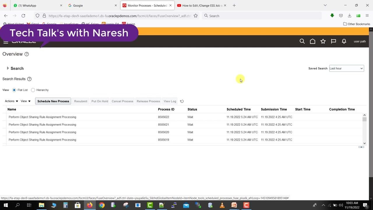 Monitor Processes page showing a list of scheduled jobs with columns for Name, Process ID, Status, Scheduled Time, Submission Time, Start Time, and Completion Time.