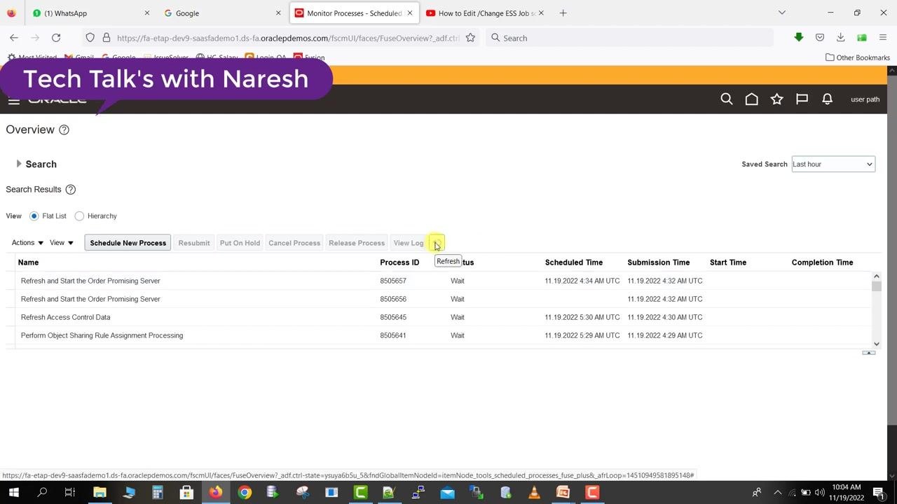 Monitor Processes page with the cursor highlighting the Refresh button, showing jobs in Wait status.