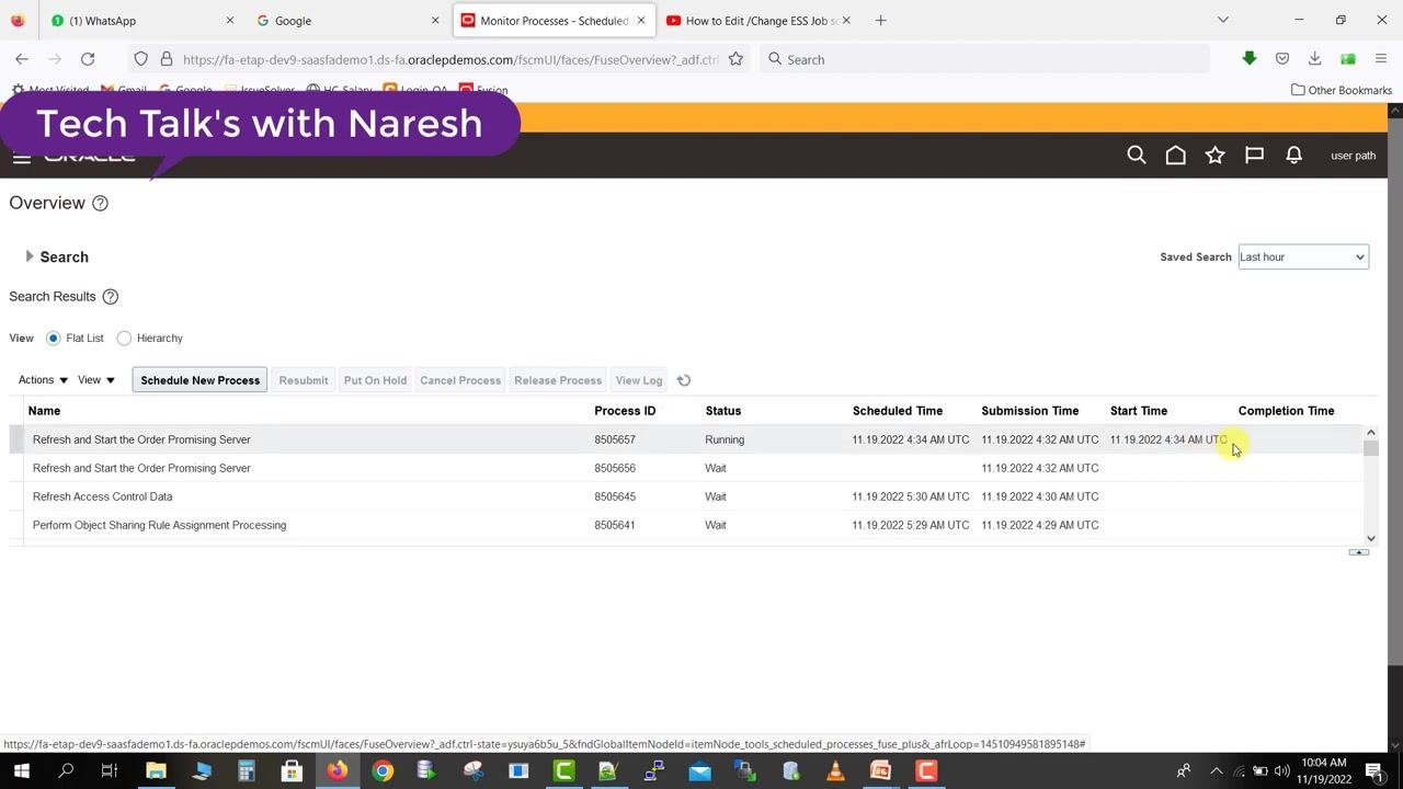 Monitor Processes page showing the job status as Running, with an updated Start Time.