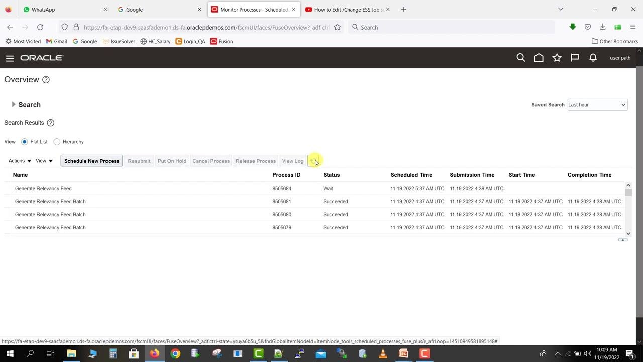 Monitor Processes page with a filtered list showing jobs by name, process ID, status, and timing columns.