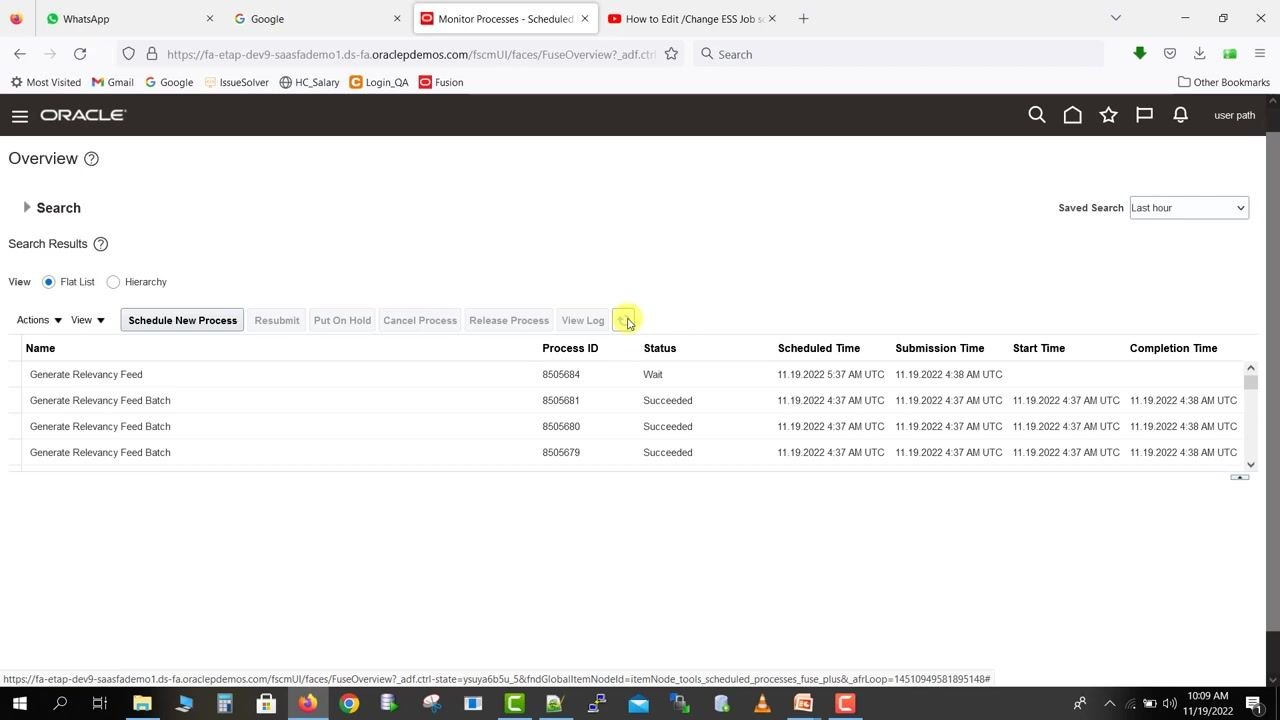 Monitor Processes page with a process row selected, ready for further action or log review.