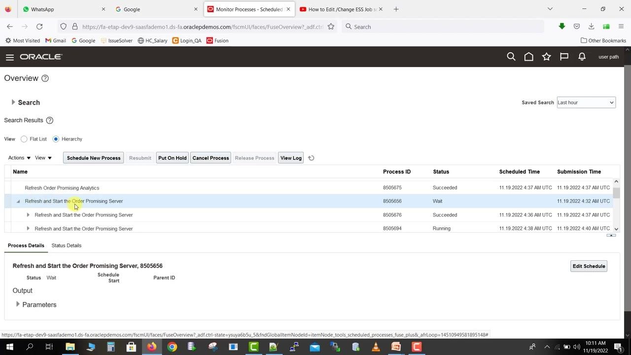 Monitor Processes page with a process row selected and action buttons enabled.