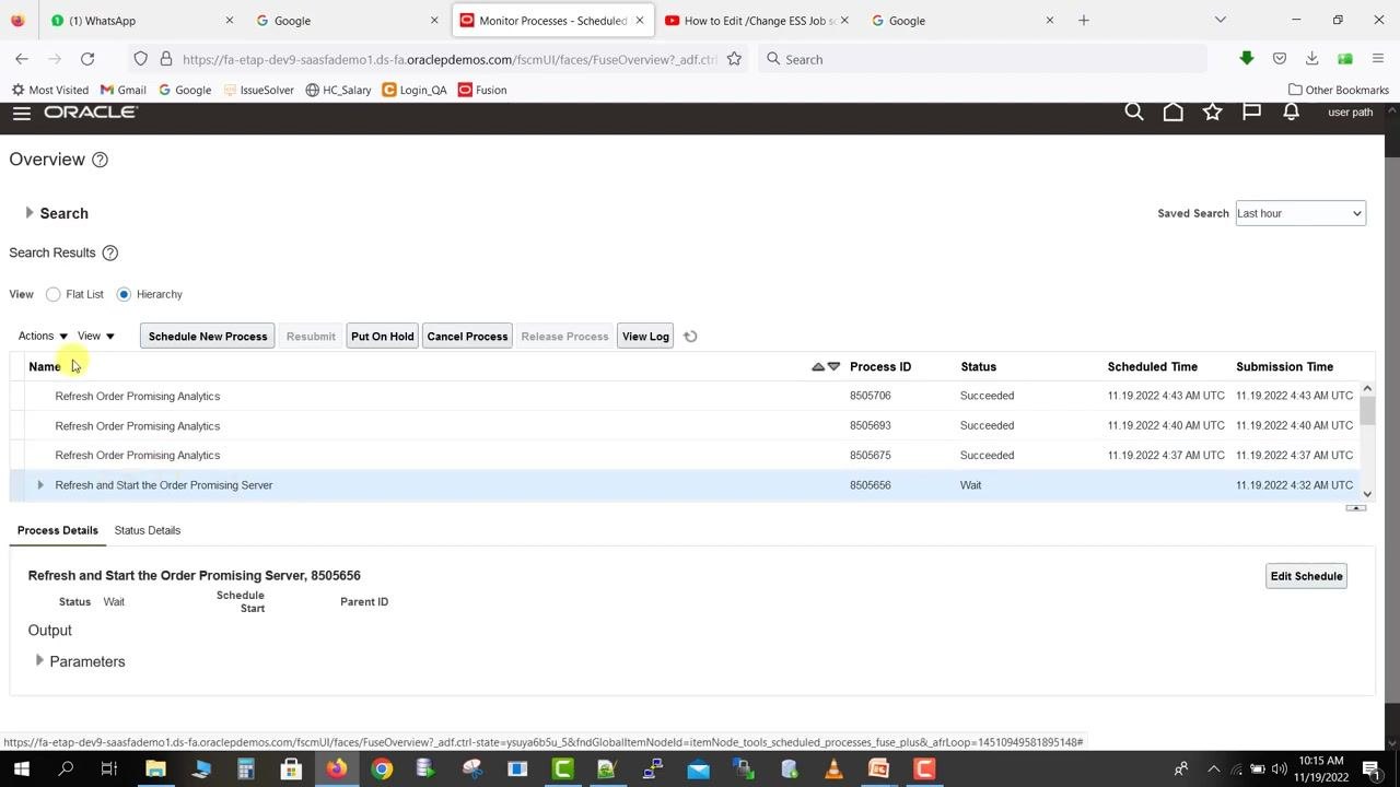 Actions dropdown menu with options to manage the selected scheduled job.