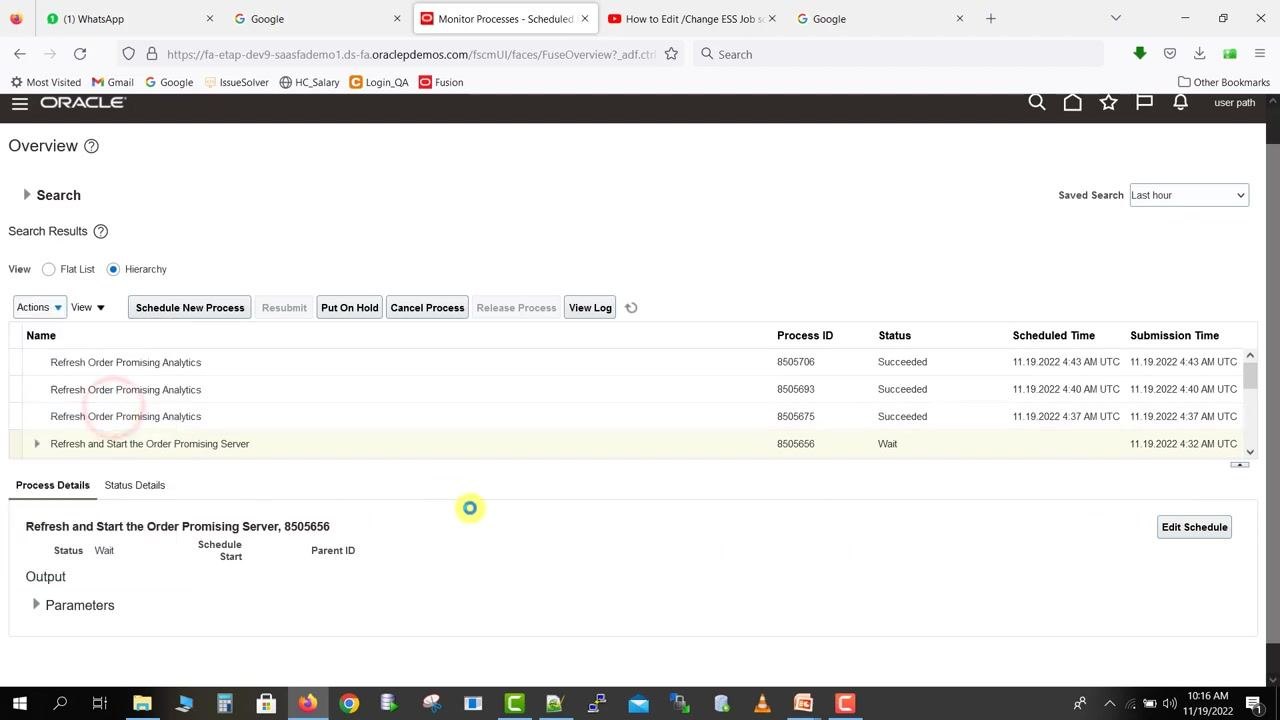 Oracle Fusion Overview screen with the "Cancel Process" button highlighted and the job "Refresh and Start the Order Promising Server" selected; the Process Details section shows the job status as "Wait".