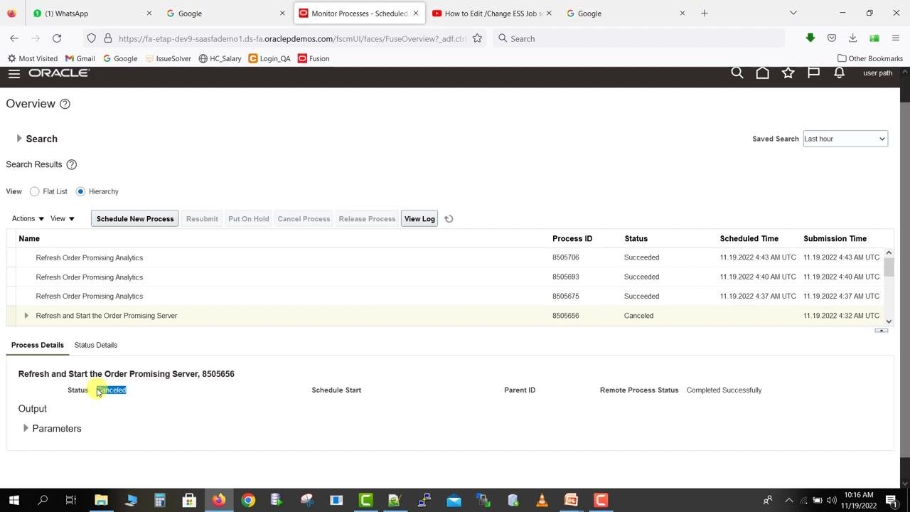 Oracle Fusion Overview screen showing the job status as "Canceled" in both the main job list and the Process Details section, with the Remote Process Status reading "Completed Successfully".