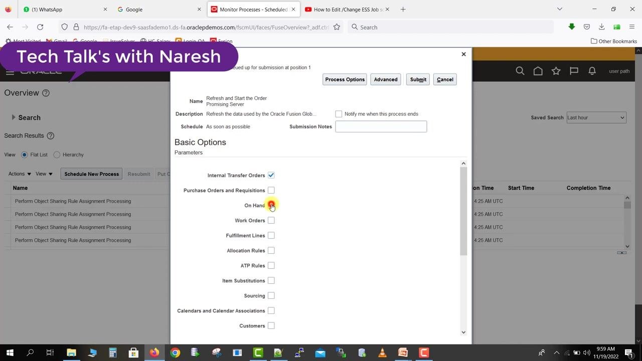 Checkboxes for "Internal Transfer Orders" and "On Hand" selected in the job parameters section.