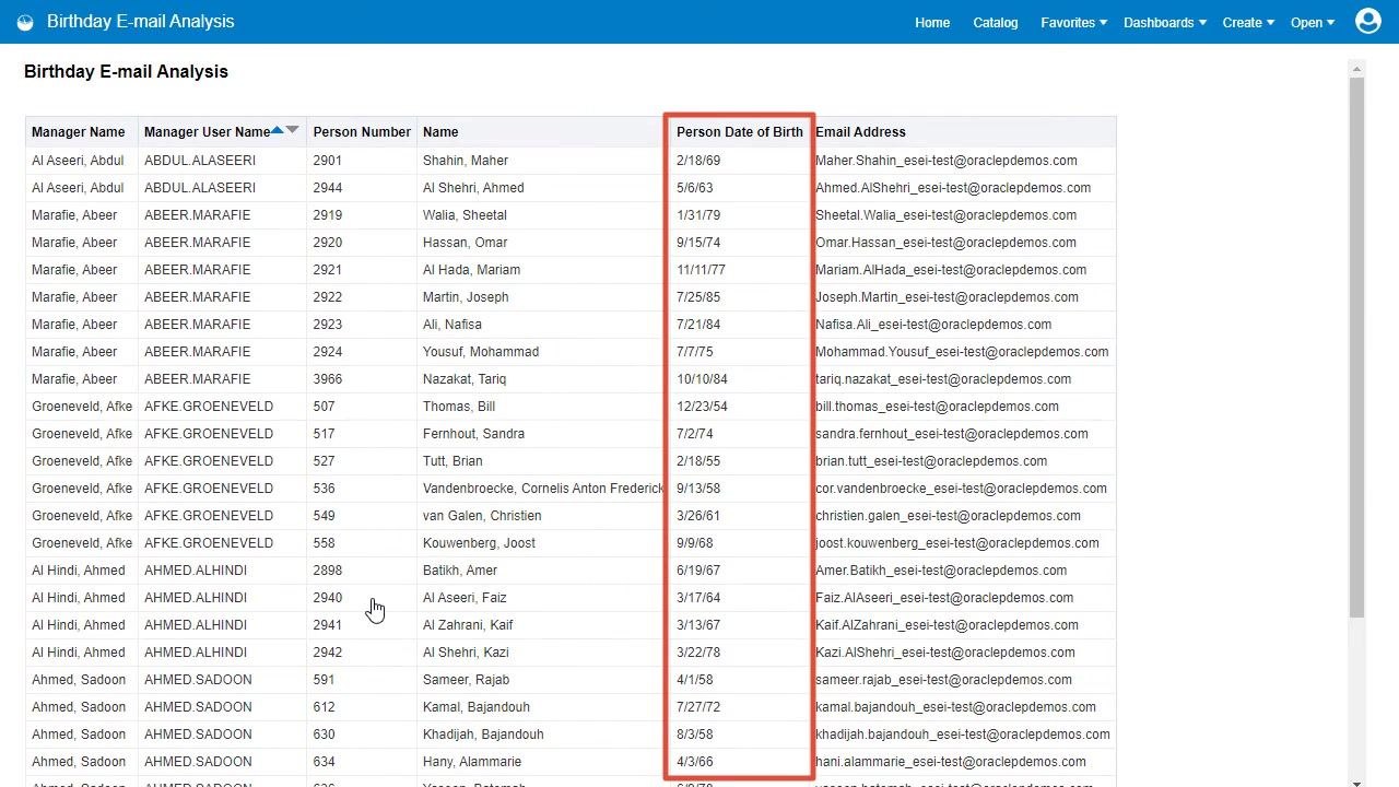 Birthday E-mail Analysis table with the 'Person Date of Birth' column highlighted, showing various birth dates