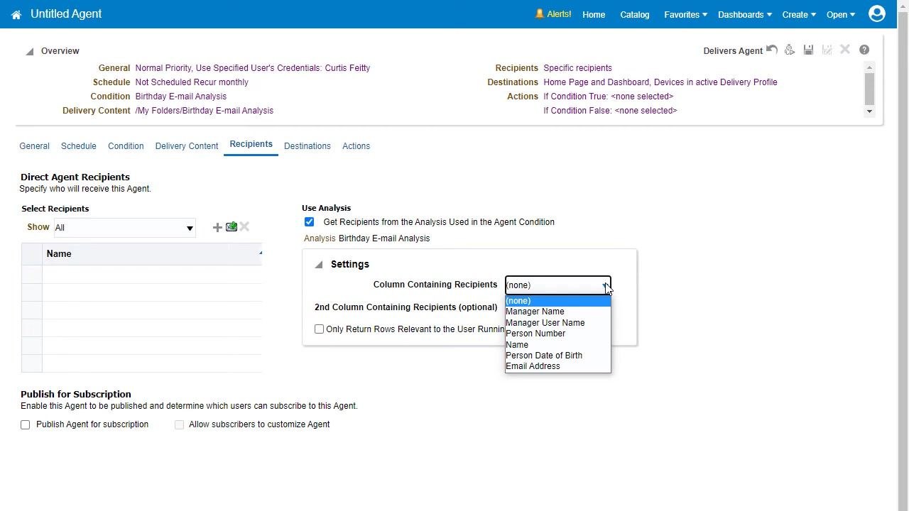 Recipients tab showing option to get recipients from analysis and a list of available columns for recipient selection