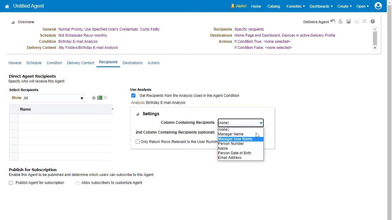 Recipients tab with dropdown menu open, highlighting 'Manager User Name' as the selected column for recipients