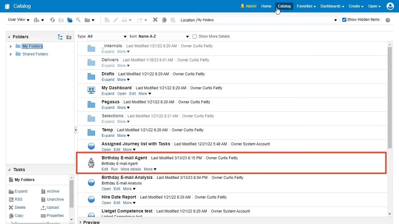 Recipients tab with 'Only Return Rows Relevant to the User Running the Agent' option highlighted, 'Manager User Name' selected as the recipient column, and the agent overview visible at the top
