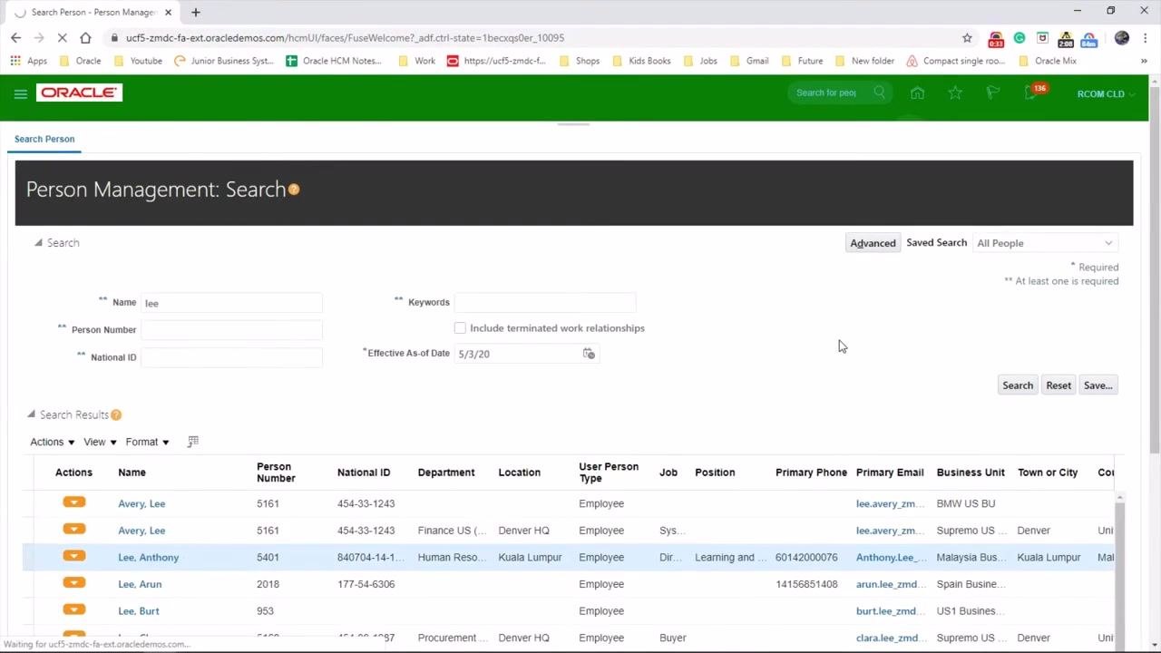 Work Relationship: Anthony Lee screen with the Actions button highlighted. Employment details such as Legal Employer, Worker Type, Hire Date, Assignment, Assignment Status, and Employment Tree are visible.