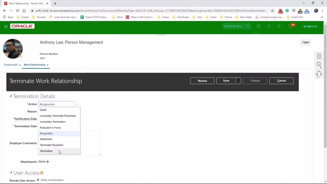 Terminate Work Relationship screen with Action set to "Termination," the Reason dropdown open, and the Notification Date and Termination Date set to 5/3/20. The Employer Comments field is visible.