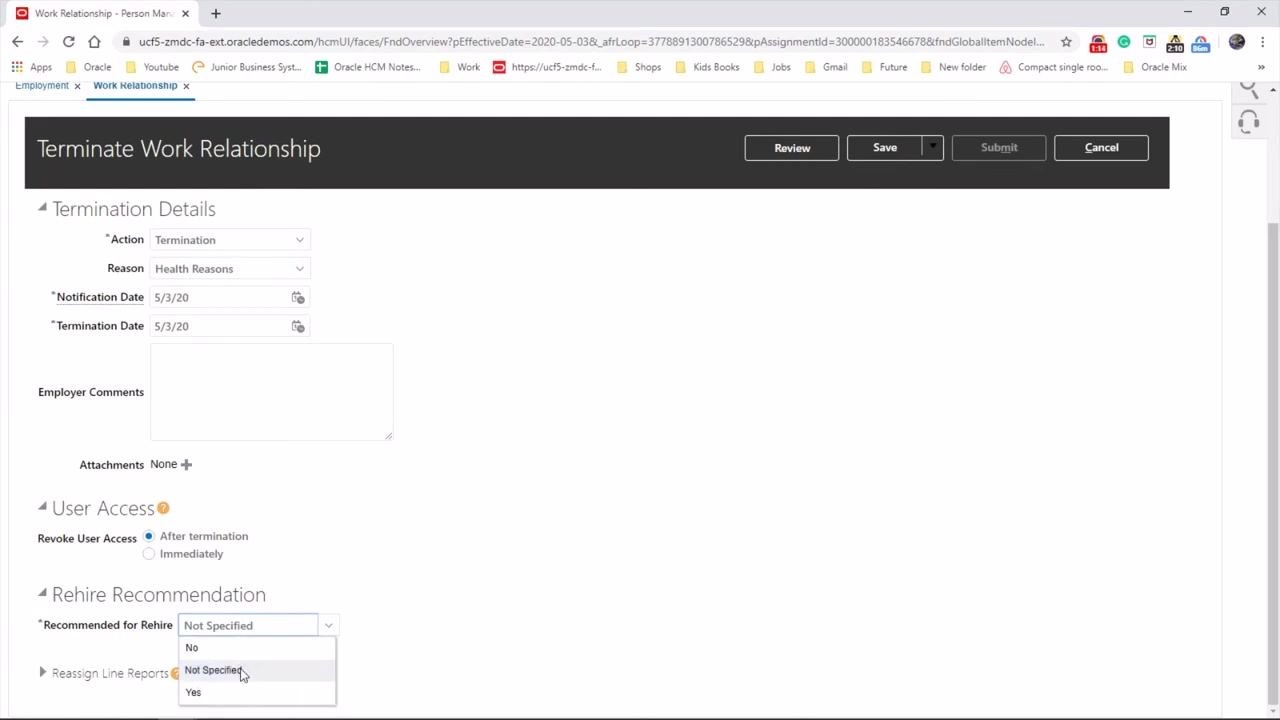 Terminate Work Relationship screen with the "Recommended for Rehire" dropdown open, showing options No, Not Specified, and Yes. The cursor points at "Not Specified."