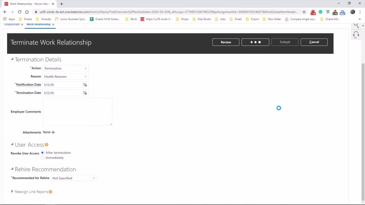 Terminate Work Relationship screen with a confirmation dialog stating "Your changes were saved" and an OK button.