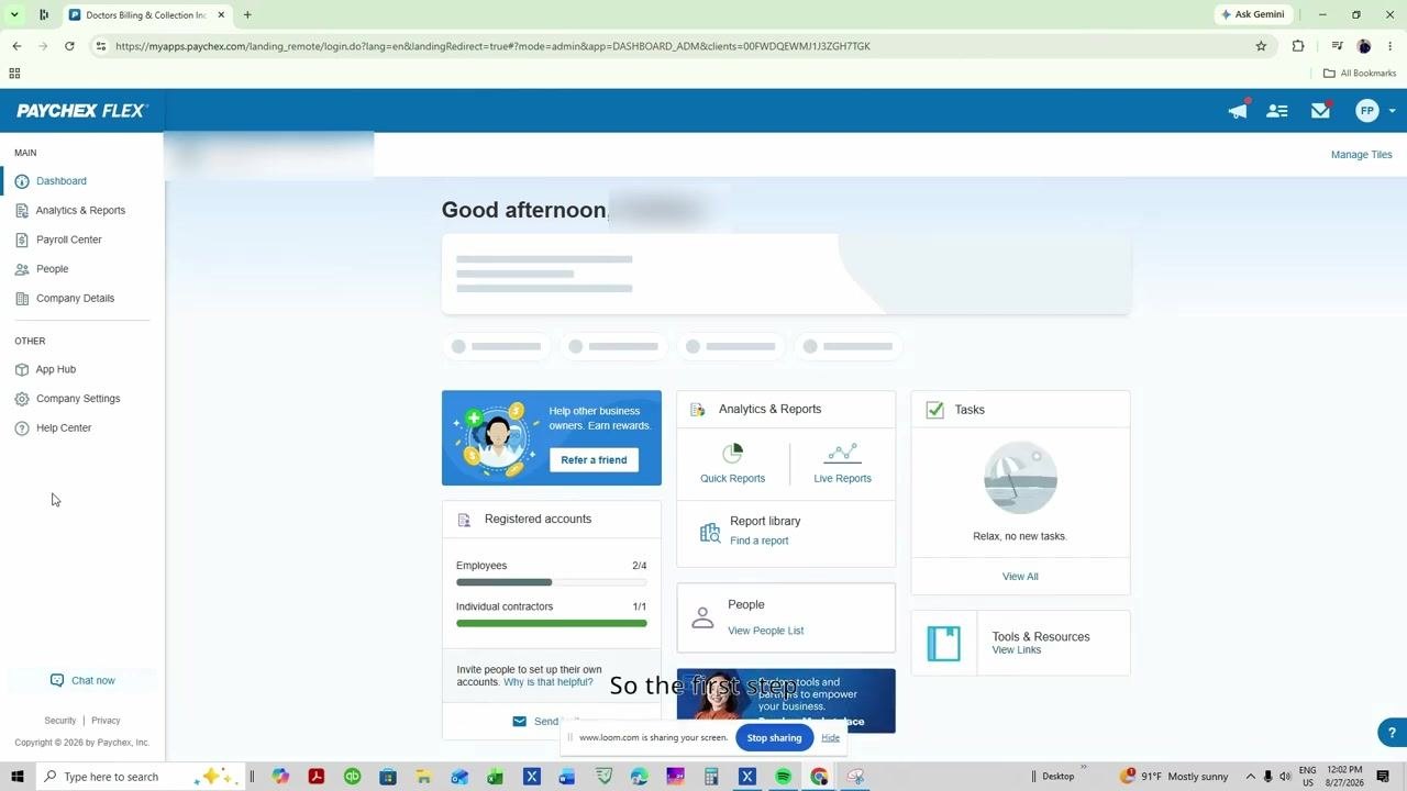 Paychex Flex dashboard with navigation menu and widgets visible