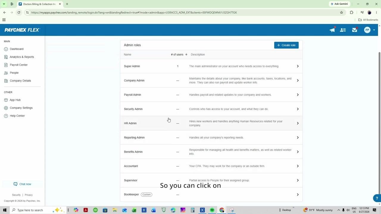 Admin roles list with HR Admin and Reporting Admin highlighted for full access