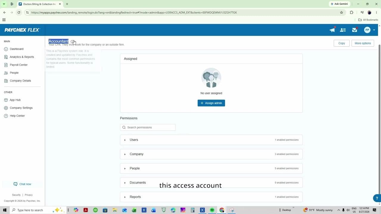 Accountant role assignment screen with 'Assign admin' button and permissions categories visible